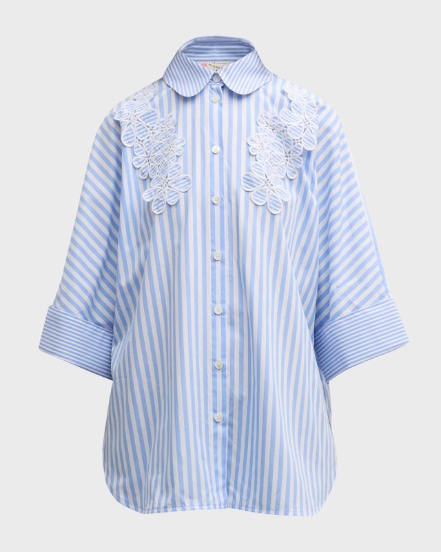 Flower-Applique 3/4-Sleeve Striped Cotton Collared Shirt
